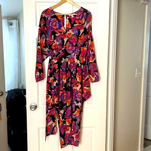 Topshop, US 8, bright floral, faux wrap dress with open slit back.